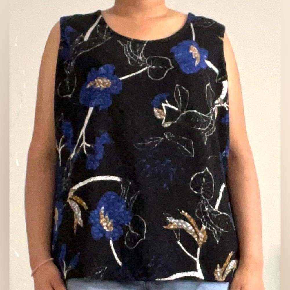 Size (S) or (PM) TanJay Black and Blue Floral Tank Top